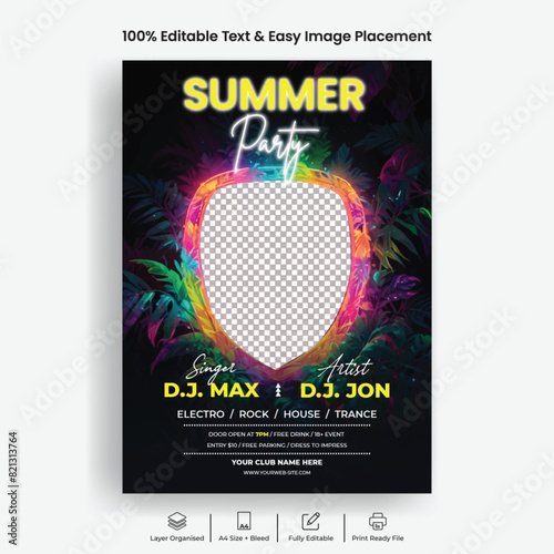 editable Summer night party print flyer or poster template with neon glow light tropical leaves background, suitable for beach dj night club party poster or leaflet design