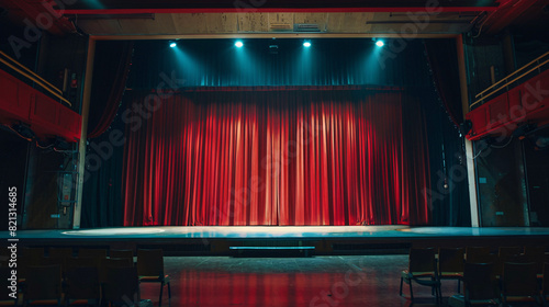 Empty Theater Stage with Red Curtains and Spotlights. Dramatic image of an empty theater stage with red curtains