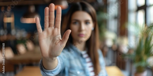 woman raised her hand for dissuade, Abuse, stop violence against women. Stop sexual harassment and rape. ai