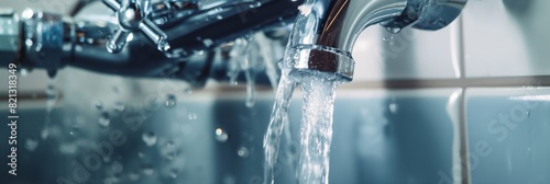 An image depicting a close-up of clean water flowing from a modern kitchen faucet