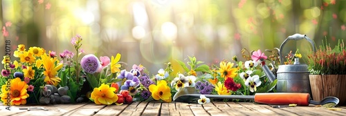 A wooden table is covered with an array of vibrant flowers and gardening tools, set against a blurred natural background. Generative AI