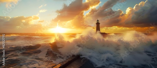 lighthouse on the open sea, violent waves crashing against the rocks, sea storm, stormy wind, sunset, background photo wallpaper for mobile phone, wallpaper for computer