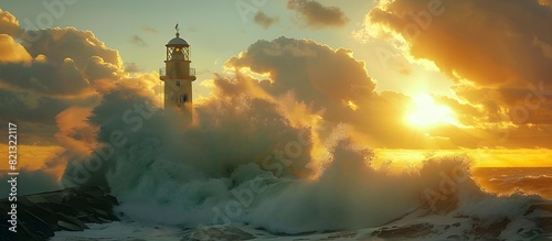 lighthouse on the open sea, violent waves crashing against the rocks, sea storm, stormy wind, sunset, background photo wallpaper for mobile phone, wallpaper for computer