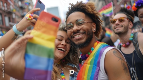 Friends taking selfies with pride flags in the background