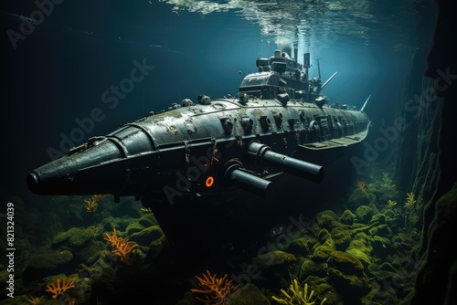 Surveillance submarine observes suspicious structure in the depths., generative IA