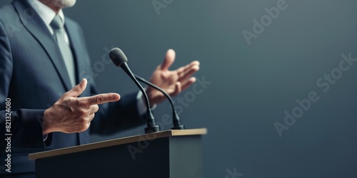 Detail of a speaker's hands gesturing during a speech at an event, with a microphone on the podium