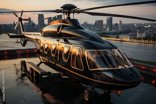 VIP helicopter lands on exclusive heliport at sunset., generative IA