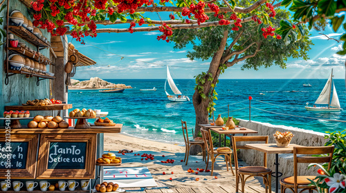 Restaurant with view of the ocean and sailboat in the distance.
