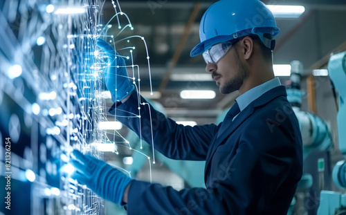 Industrial precision. A man in a hard hat and safety glasses focuses on his task, fine-tuning a machine within a factory environment, ensuring efficiency and safety in productiony. Generative AI.