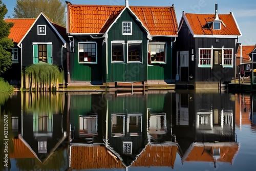 Beautiful typical Dutch wooden houses architecture mirrored on. Beautiful and typical Dutch wooden houses architecture mirrored on the calm canal of Zaanse Schans located at the North of Amsterdam, Ne