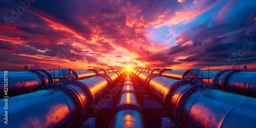 Industrial Pipelines Silhouetted Against Vibrant Sunset Sky: A Modern Energy Infrastructure View. Concept Energy Infrastructure, Sunset Sky, Industrial Pipelines, Silhouettes, Vibrant Colors