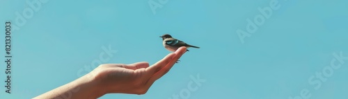 A human hand holding a small bird figurine against a solid sky blue backdrop with ample copy space