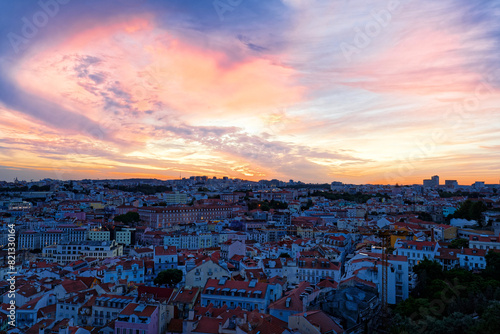 Beautiful sunset over Lisbon, Portugal. View from Graca viewpoint .