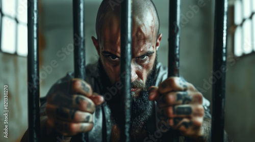 Bald, tattooed man stares intensely through jail bars, gripping them with a look of determination and aggression. Prisoner behind bars. Man who has committed a crime.