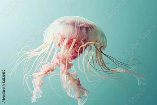A jellyfish dressed as a ballerina with a tutu and ballet slippers, gracefully posing against a pastel blue background with copy space