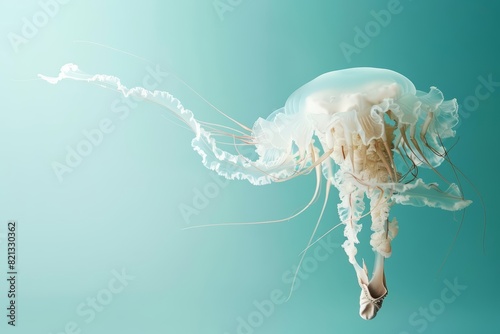 A jellyfish dressed as a ballerina with a tutu and ballet slippers, gracefully posing against a pastel blue background with copy space