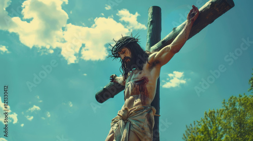 Jesus Christ crucified against a blue sky with clouds, wearing a crown of thorns.