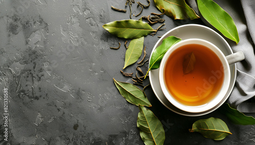 Cup of freshly brewed tea with bay leaves on grey table, top view