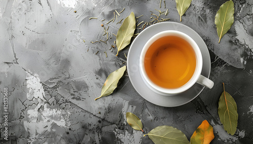 Cup of freshly brewed tea with bay leaves on grey table, top view