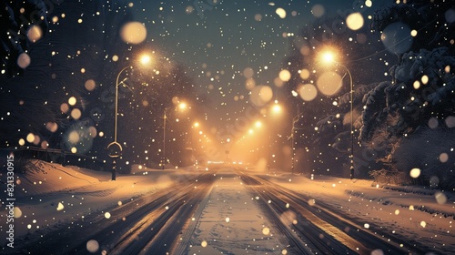 A heavy snowfall turns the streets into a fairy-tale scene with magical streetlights and glittering snow.