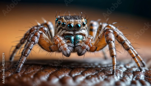 Macro close up. Jumping spider. This spider is known to eat small insects such as grasshoppers, flies, bees, and other small insects.