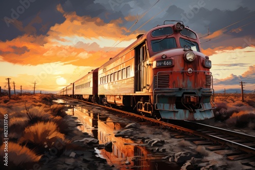 Trains side by side to sunset in railway courtyard., generative IA