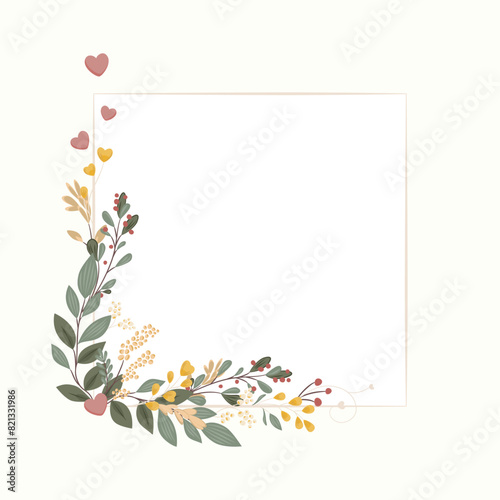 Ozdobne kwadratowe tło z botanicznym motywem. Roślinny wzór i serduszka, elegancka dekoracja na kartki z życzeniami do wykorzystania na Dzień Matki, wesele, rocznice, zaproszenia ślubne.