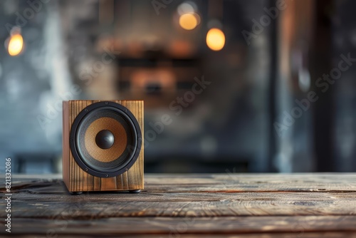 A single speaker on a wooden background with a blurred backdrop suitable for advertising