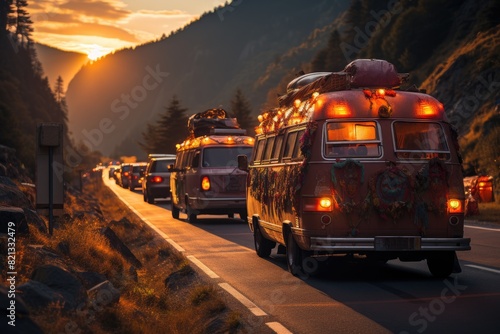 Trailer Caravan on the road to sunset., generative IA