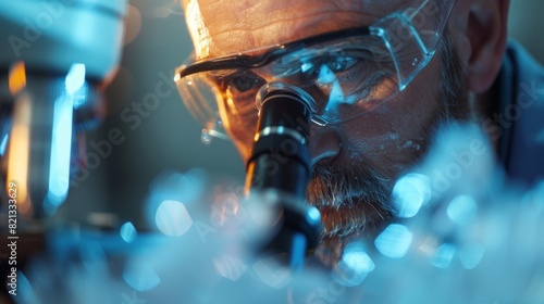 A scientist peering through a microscope at a sample of ice searching for evidence of neutrino interactions.