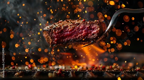 A juicy, slightly pink steak is pierced by a metal fork. Flames and sparks rise from underneath, illuminating the tender meat.