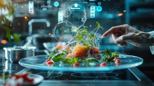 Closeup of a chef preparing a molecular gastronomy dish that levitates above the plate