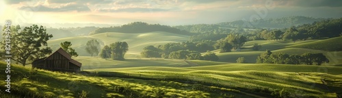 Frame mockup, a serene countryside vista with lush rolling hills and a distant barn, encapsulating the tranquility of rural life in an imaginative manner