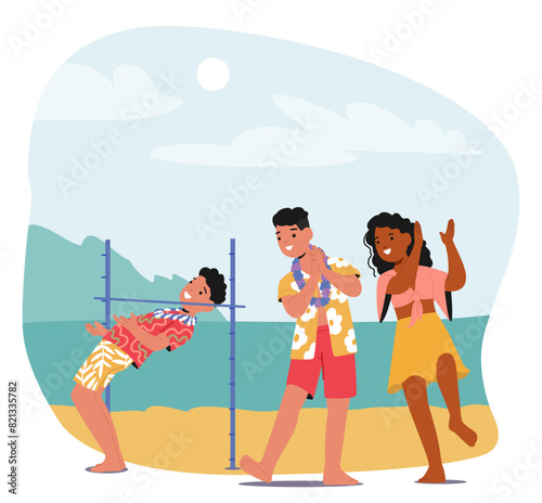 Joyful Scene On Beach With Friends Characters Playing Limbo with Playful And Happy Expressions As They Enjoy The Game