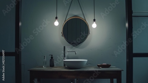 sink, mirror and hanging lights as main elements of the composition generative ai