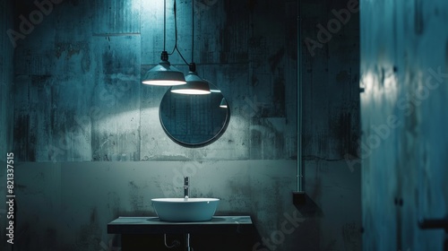 sink, mirror and hanging lights as main elements of the composition generative ai