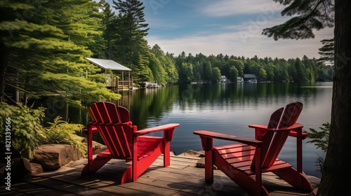 In Muskoka, Ontario, Canada, there are two Adirondack chairs on a wooden dock by a lake. Attached to the pier is a red canoe. You can see cottages across the pond, tucked amongst lush green trees