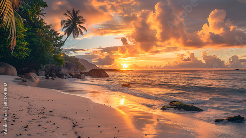 Beautiful sunset on La Digue, an island of the Seychelles.