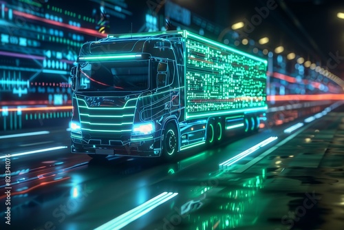 Futuristic truck with glowing lights driving through a technologically advanced city at night, showcasing modern transportation.