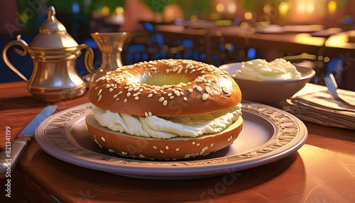 bagel with cream cheese on it, on a plate on a restaurant table