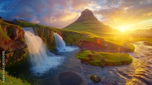 Gorgeous landscape with rising sun on Kirkjufellsfoss waterfall and Kirkjufell mountain, Iceland, Europe.