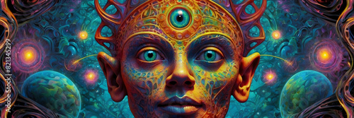 This is a vivid, psychedelic illustration featuring a stylized alien-like face with an array of glowing symbols and patterns