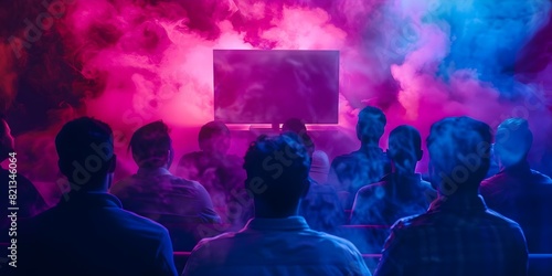 Crowd watching TV in dark room influenced by addiction propaganda fake news. Concept Fake news impacts on society, Group manipulation, Media influence, Entertainment control, Dark room setting