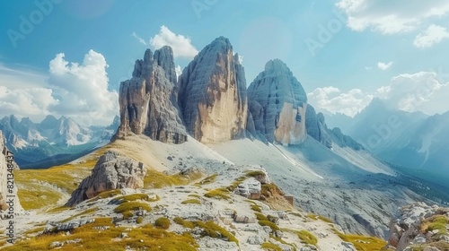 Great rocky massif in the Italian Alps on a sunny day. National Park Tre Cime di Lavaredo, Dolomites, Italy, South Tyrol.