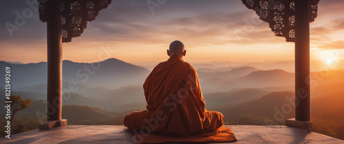 Buddhist monk in meditation at beautiful sunset or sunrise background on high mountain, back view 
