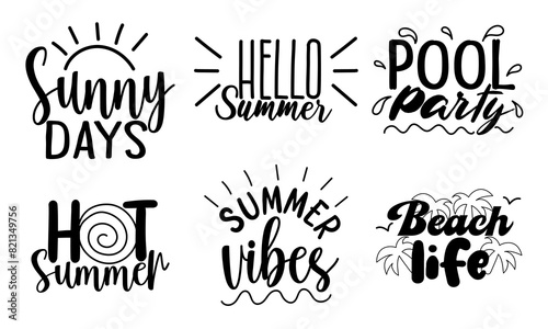 Summer phrases set. Black lettering and summer decoration elements isolated on white. Hand drawn design for stickers, postcards, poster, print. Vector illustration.