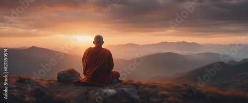 Buddhist monk in meditation at beautiful sunset or sunrise background on high mountain, back view 