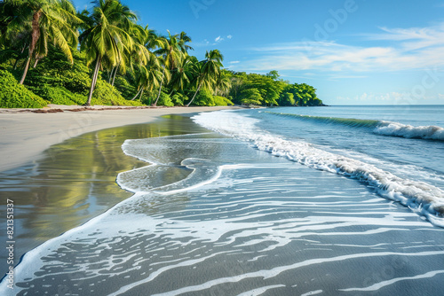 A tranquil tropical beach with smooth, white sand and gently lapping waves, surrounded by vibrant green palm trees, under a cloudless sky