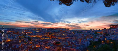 Beautiful panoramic sunset over Lisbon, Portugal. View from Graca viewpoint .