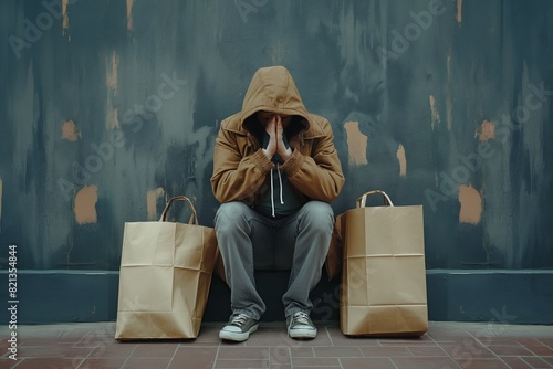 Despondent shopper with head in hands